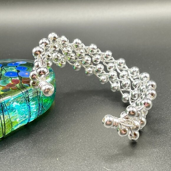 Sterling Silver 925 Wide Beaded Woven Cuff Bracelet #1168 - Picture 6 of 7